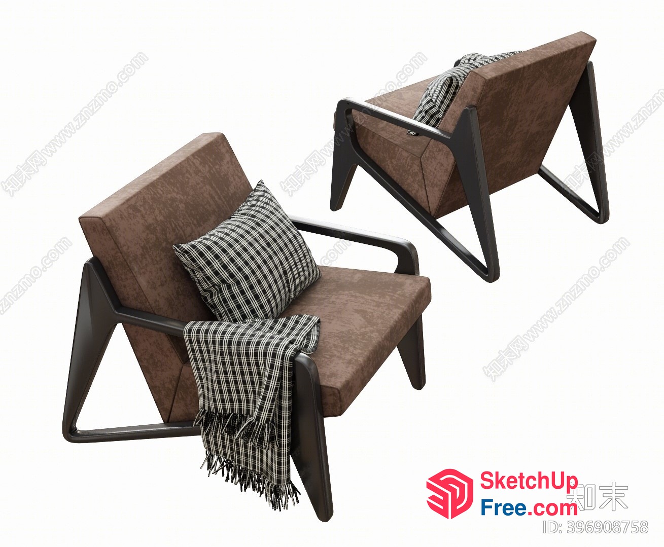 Modern Brown Accent Chairs With Black Frame And Plaid Throw Pillows 3D SketchUp File