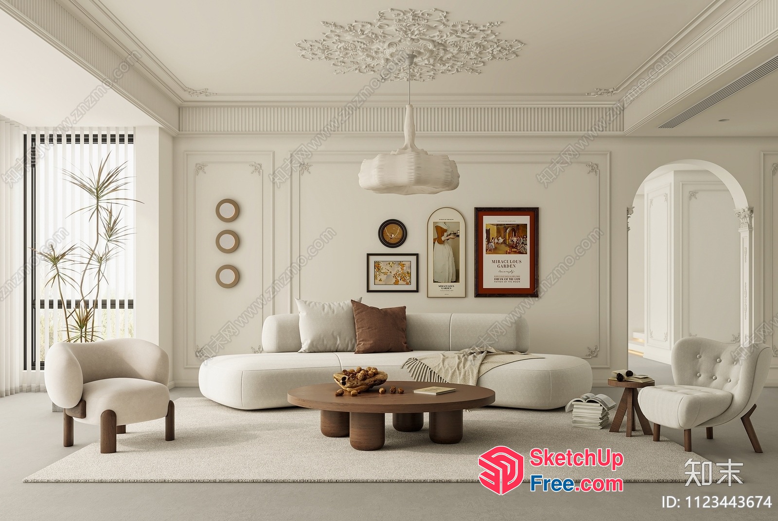 Elegant White Living Room With Creamy Style Sofa 3D SketchUp File