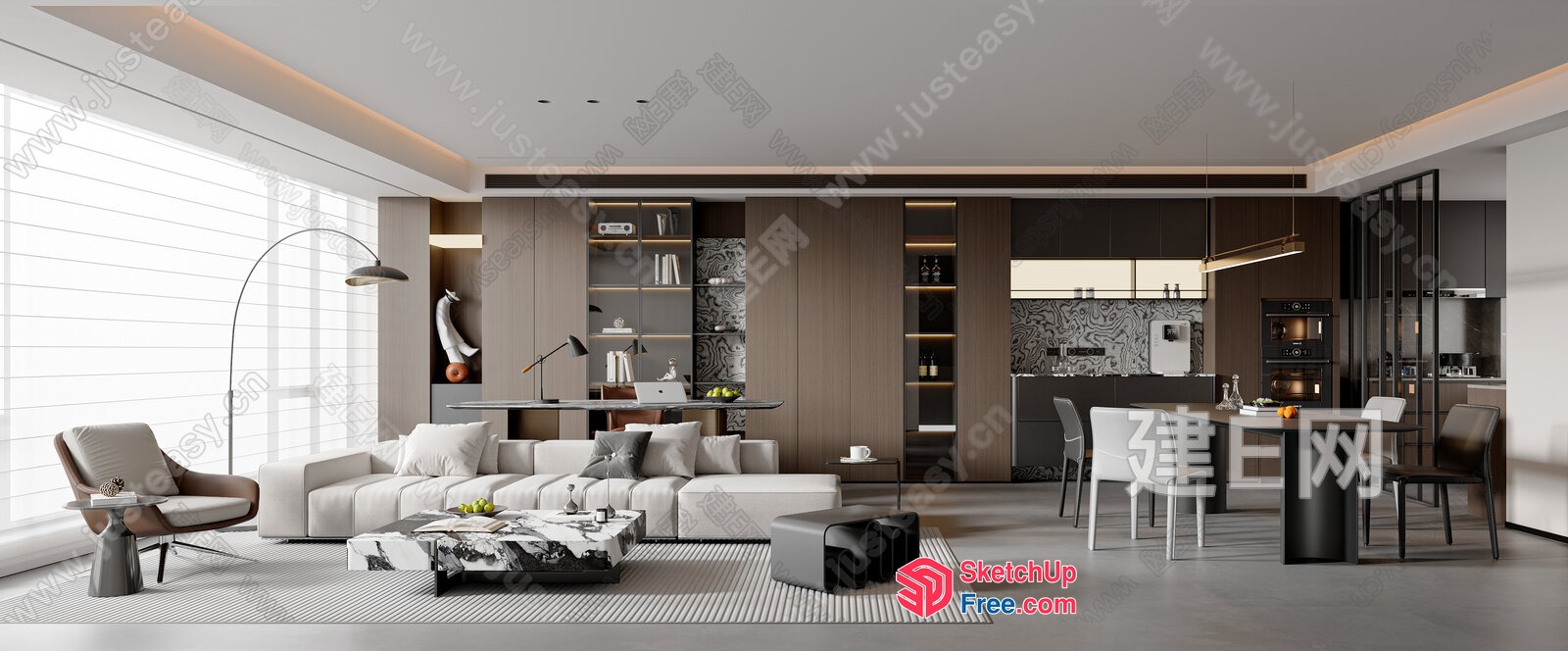 Modern Minimalist Living Room With Dining Area 3D SketchUp File