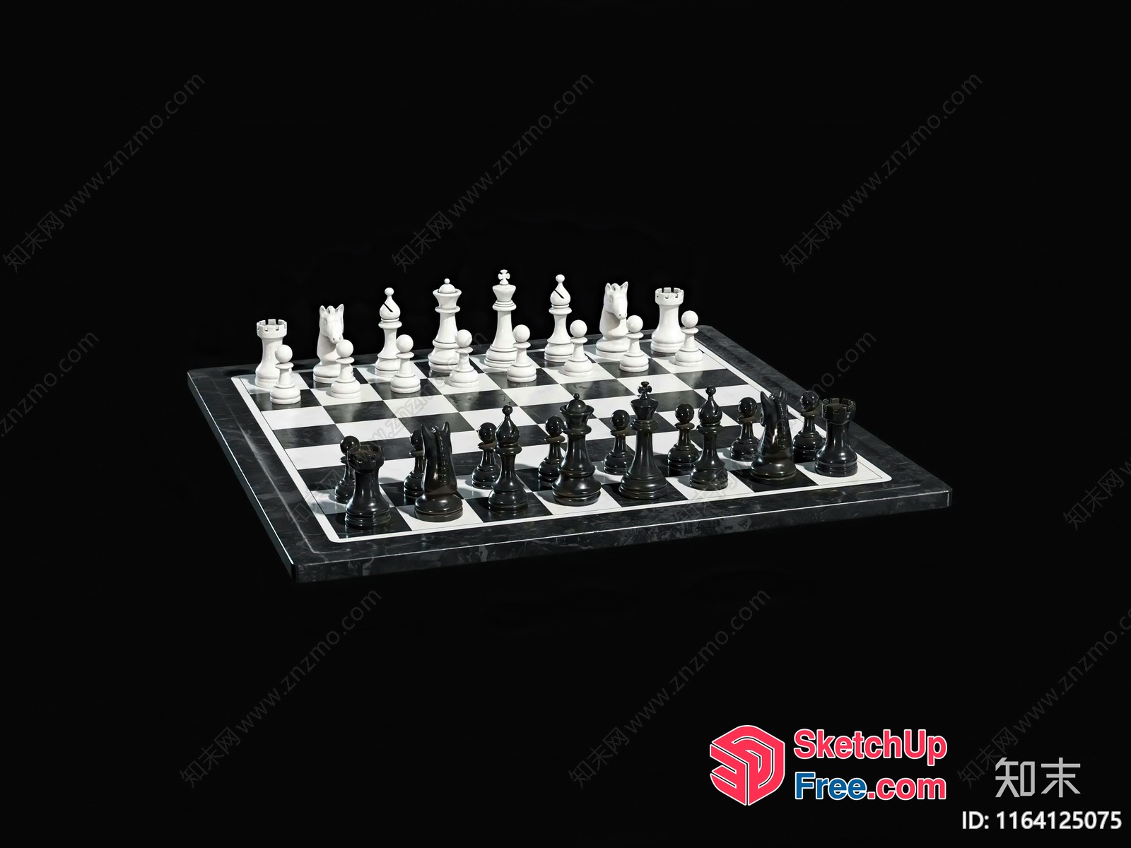 Chessboard With Chess Pieces Arranged On It 3D SketchUp File