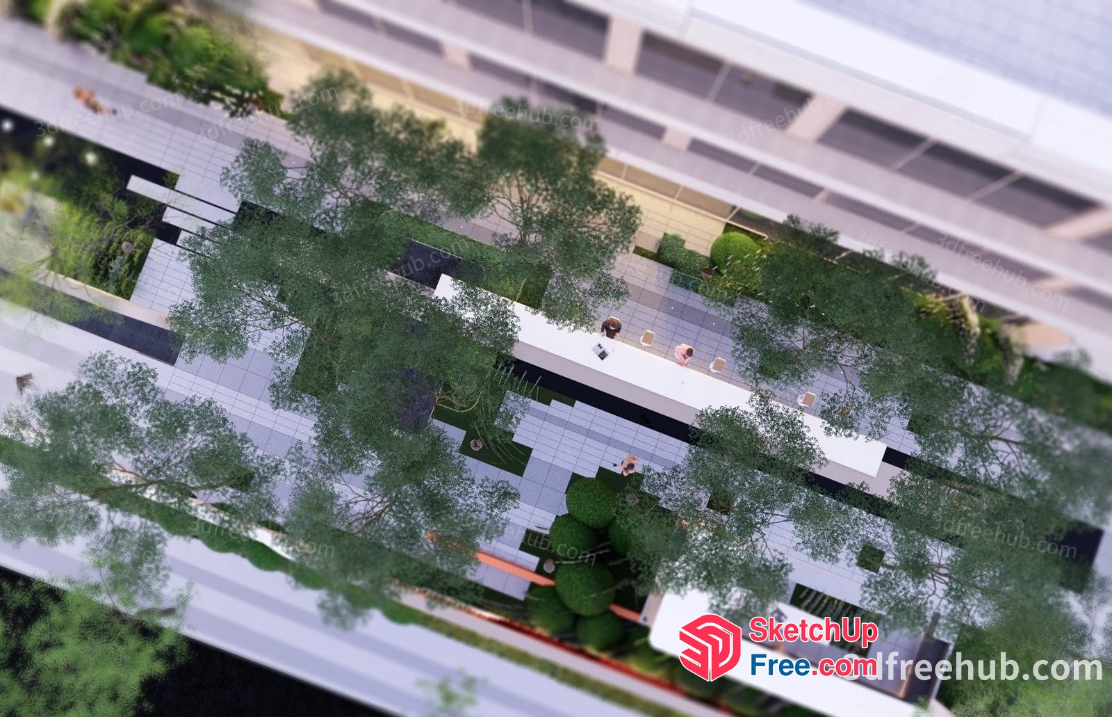 Modern Office Building With Outdoor Seating Area And Trees 3D SketchUp File