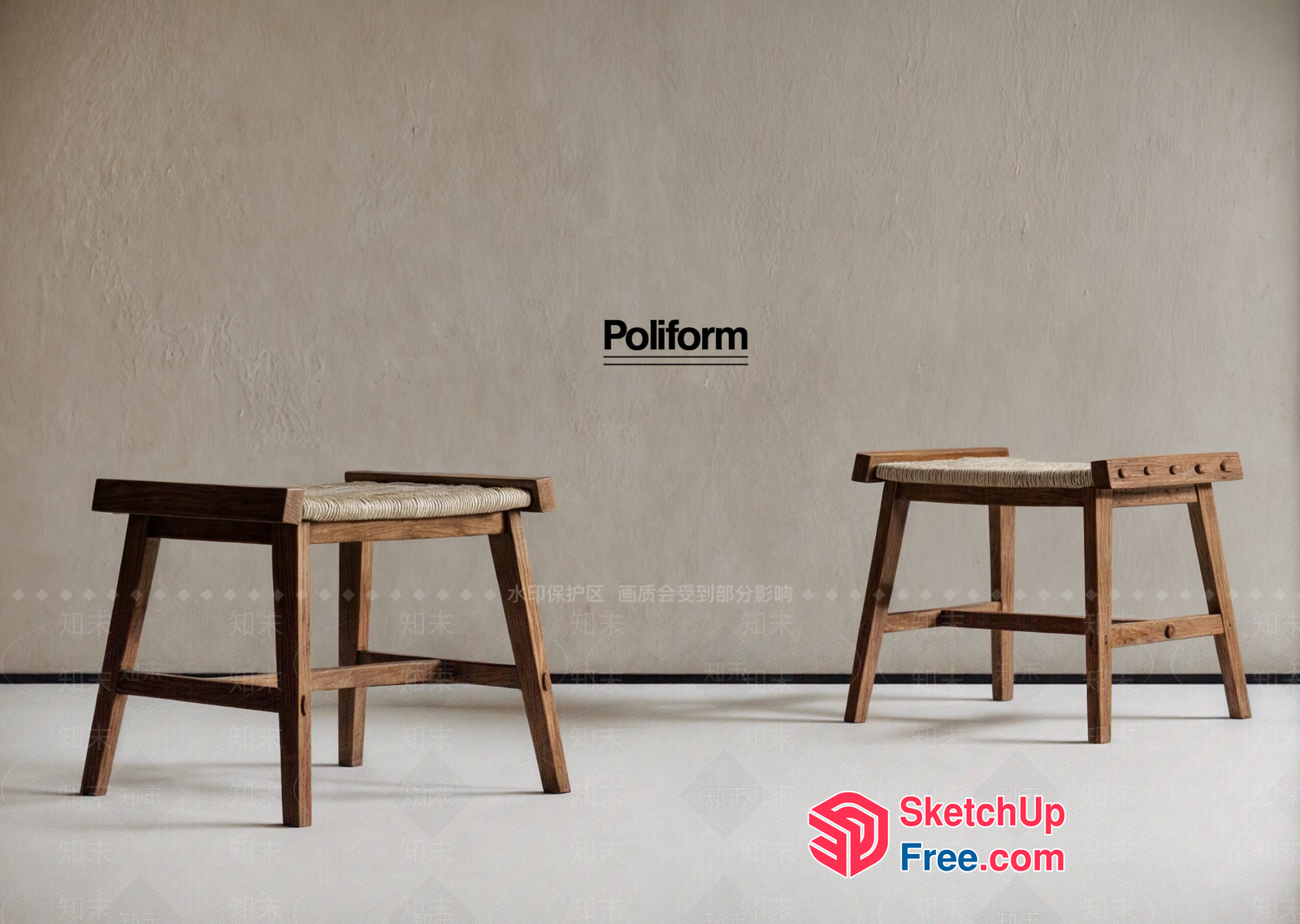 Poliform Stools With Wooden Frames And Cushioned Seats 3D SketchUp File