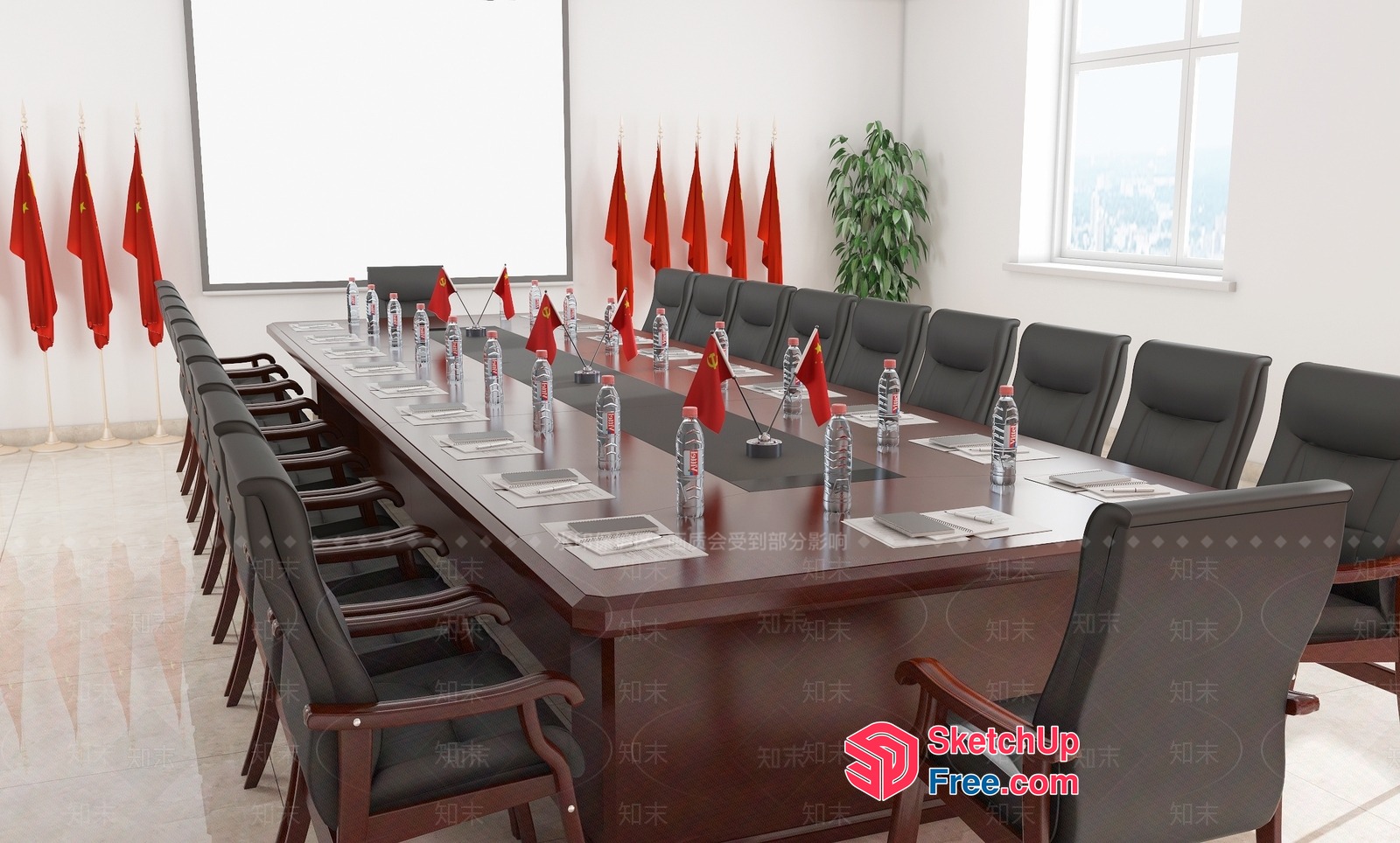 Conference Room Setup With Chinese Flags 3D SketchUp File