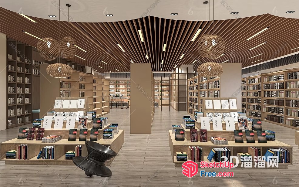 Modern Library Interior With Wooden Shelves And Rattan Lighting 3D SketchUp File