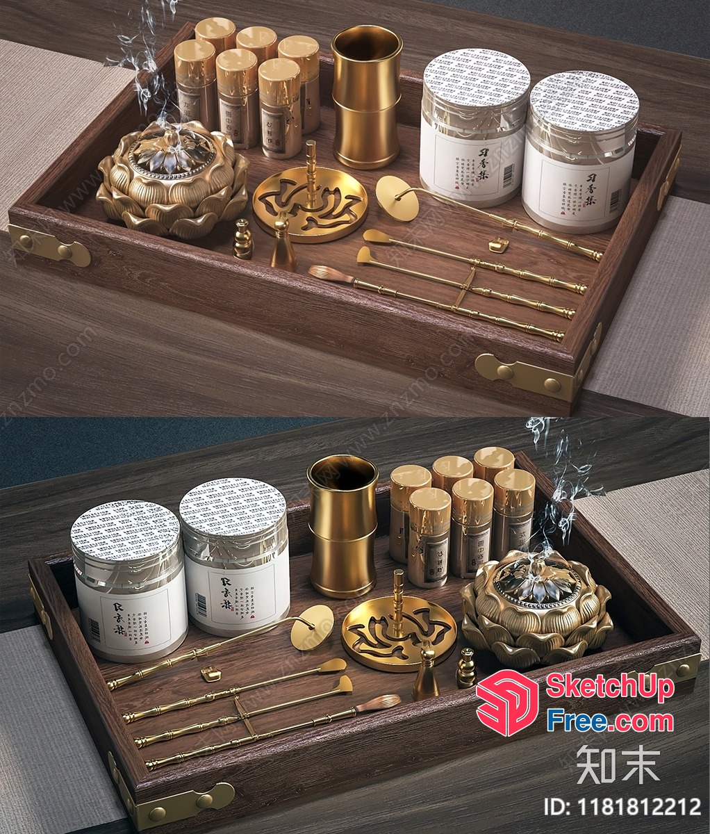 Asian-Inspired Decorative Items On Wooden Tray 3D SketchUp File
