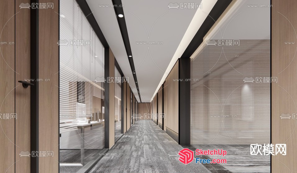 Modern Office Building Interior With Glass Curtain Wall 3D SketchUp File