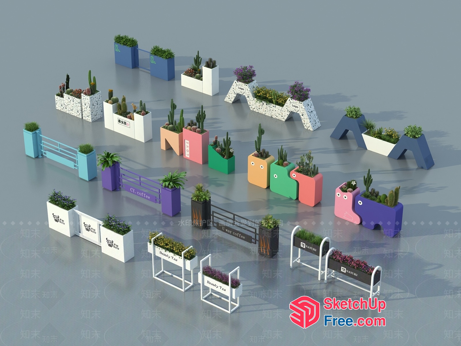 Vibrant Colorful Planter Boxes With Cacti And Succulents 3D SketchUp File