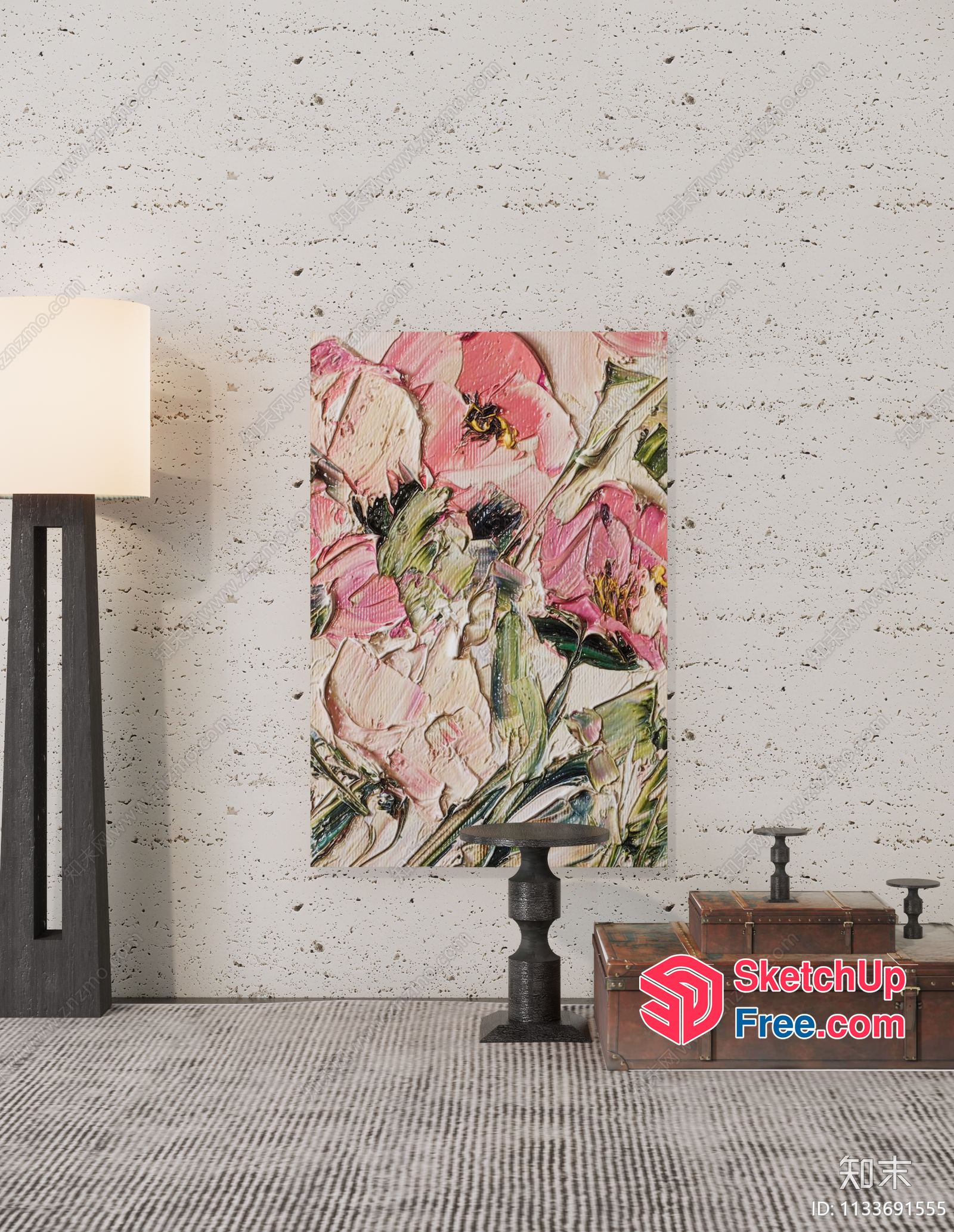 Vibrant Floral Painting On Distressed White Wall 3D SketchUp File