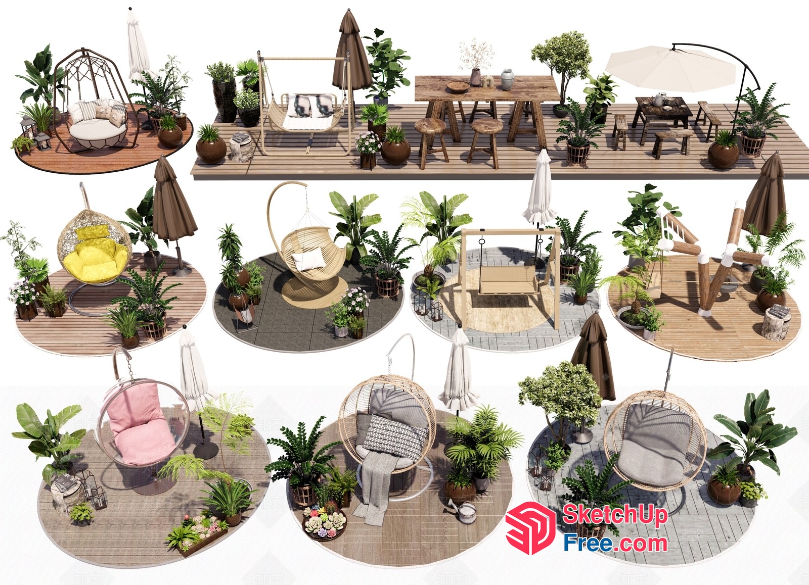 Serene Outdoor Oasis With Hanging Chairs And Plants 3D SketchUp File