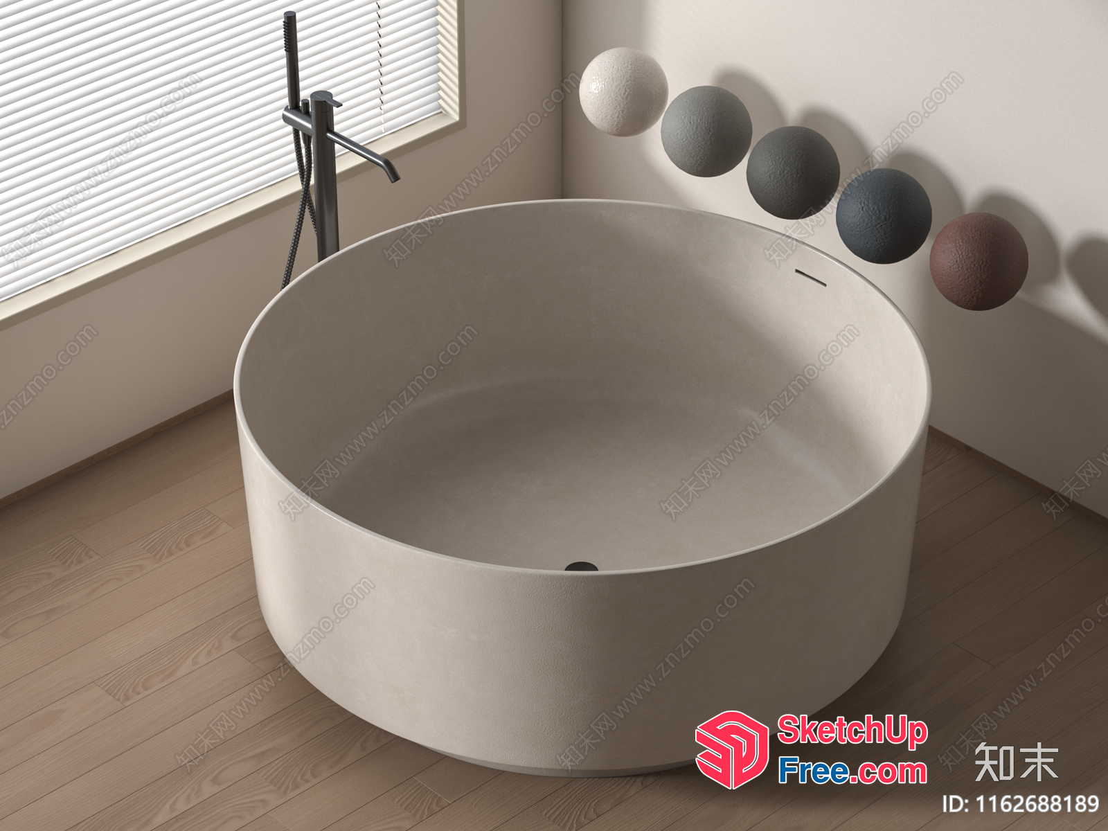 Round White Bathtub With Black Faucet In Modern Bathroom 3D SketchUp File