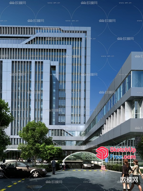 Office Building With Glass Curtain Wall And Parking Lot 3D SketchUp File