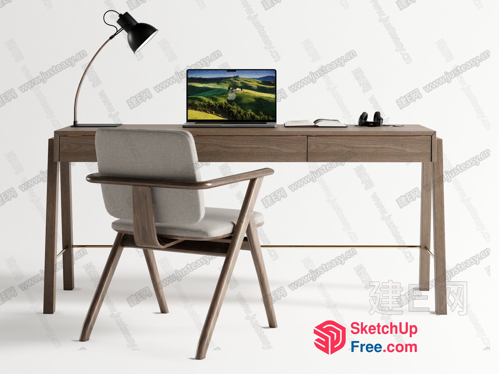 Simple Modern Office Desk With Laptop And Chair 3D SketchUp File