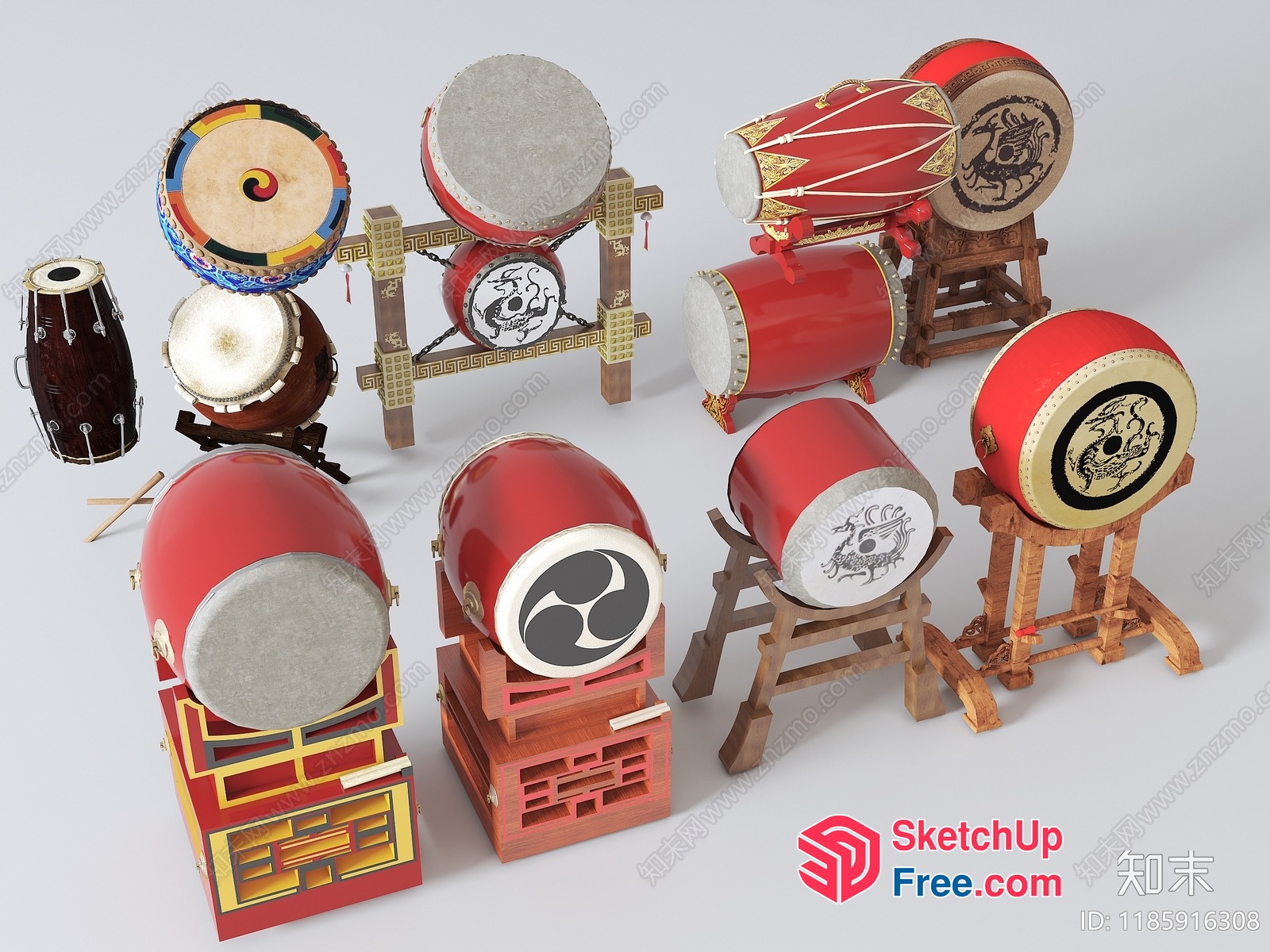 Traditional Japanese Drums With Intricate Designs 3D SketchUp File