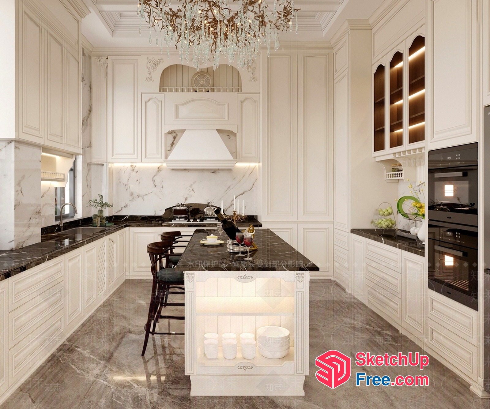 Elegant White Kitchen With Marble Accents And Dark Countertops 3D SketchUp File