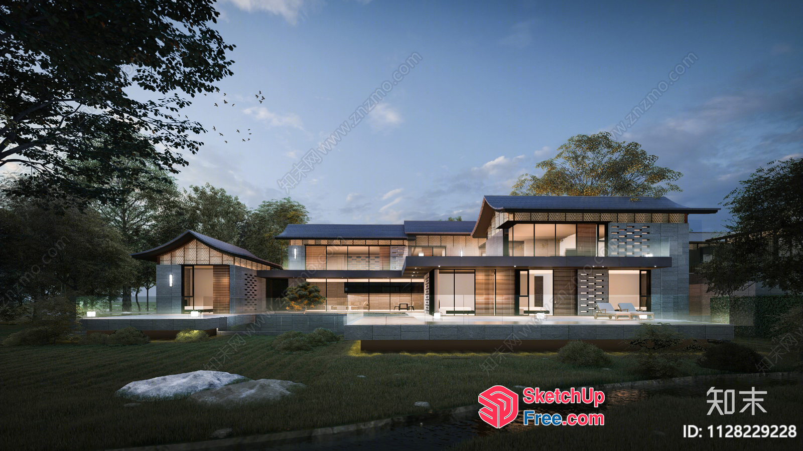 Modern Japanese-Style House With Glass Curtain Wall 3D SketchUp File