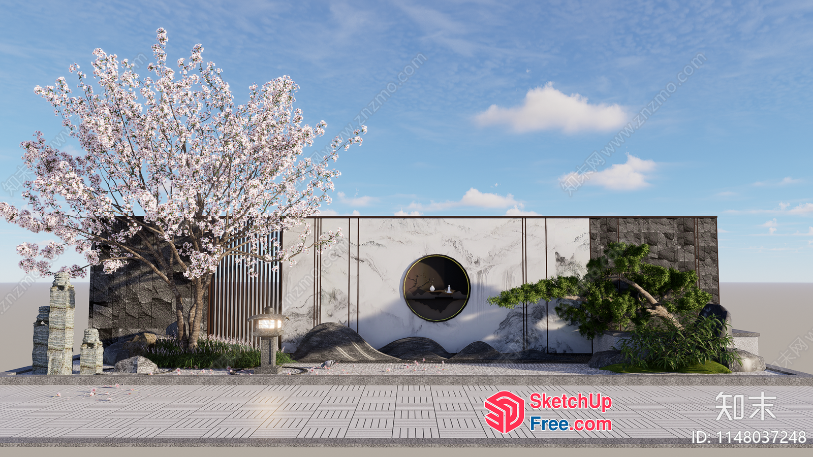 Japanese Style Exterior Decor With Marble Wall And Cherry Blossom Tree 3D SketchUp File