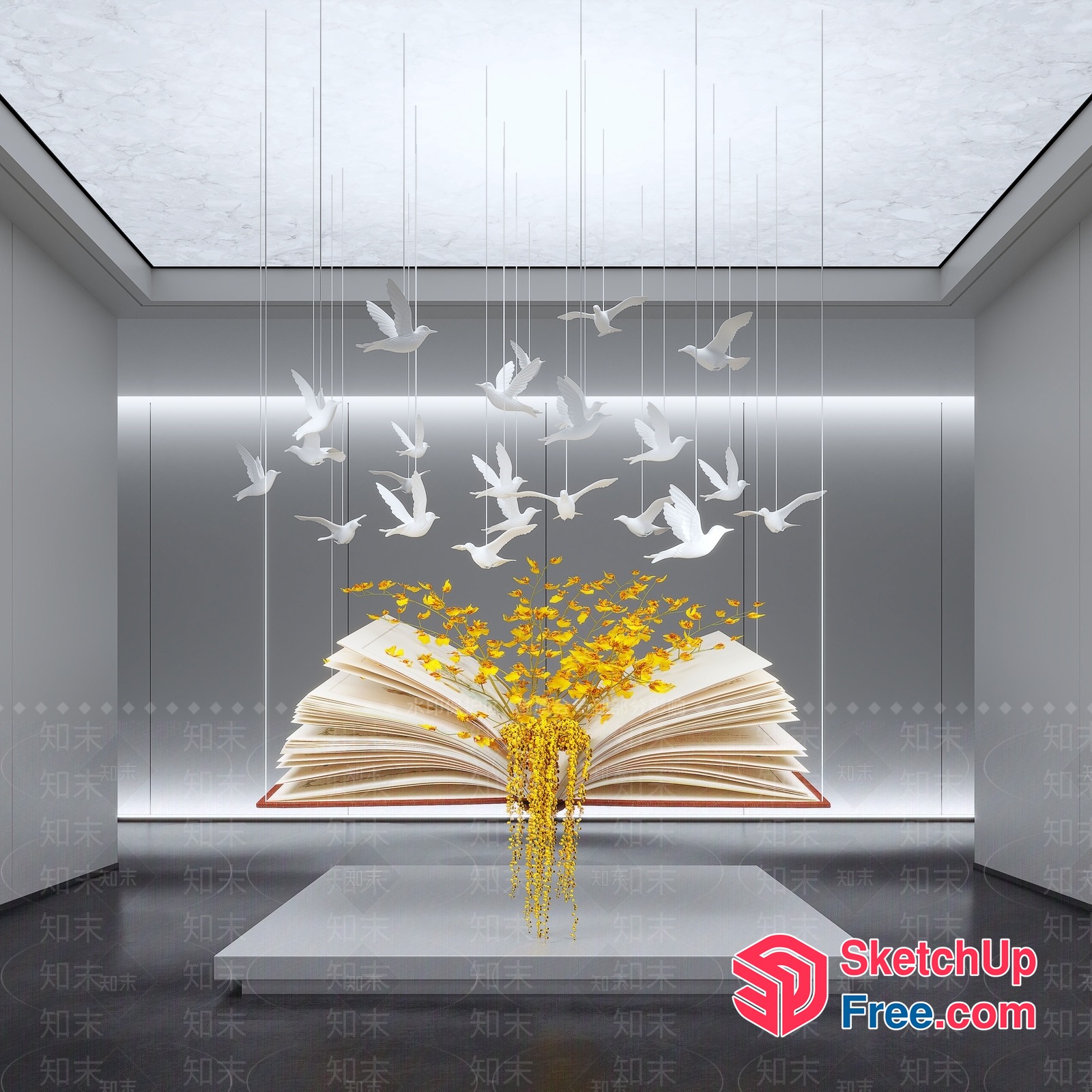 Book-Inspired Decor With Birds And Yellow Flowers 3D SketchUp File