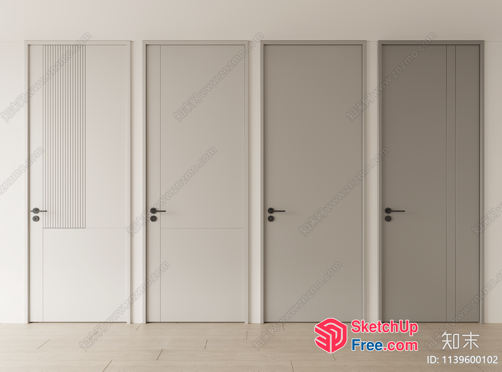 Five Doors In A Row With Different Styles And Handles 3D SketchUp File