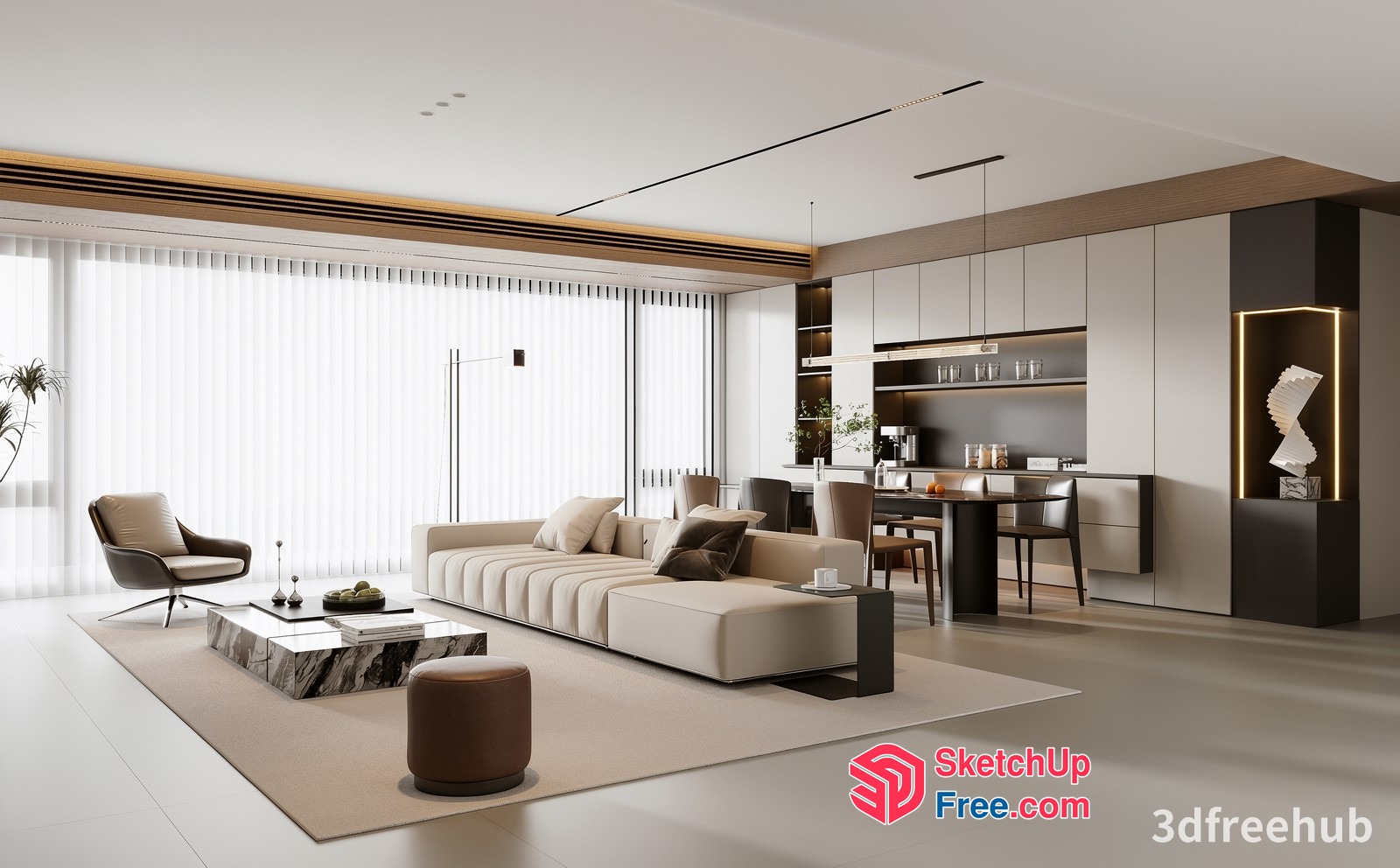 Modern Minimalist Living Room With Creamy Beige And Brown Tones 3D SketchUp File