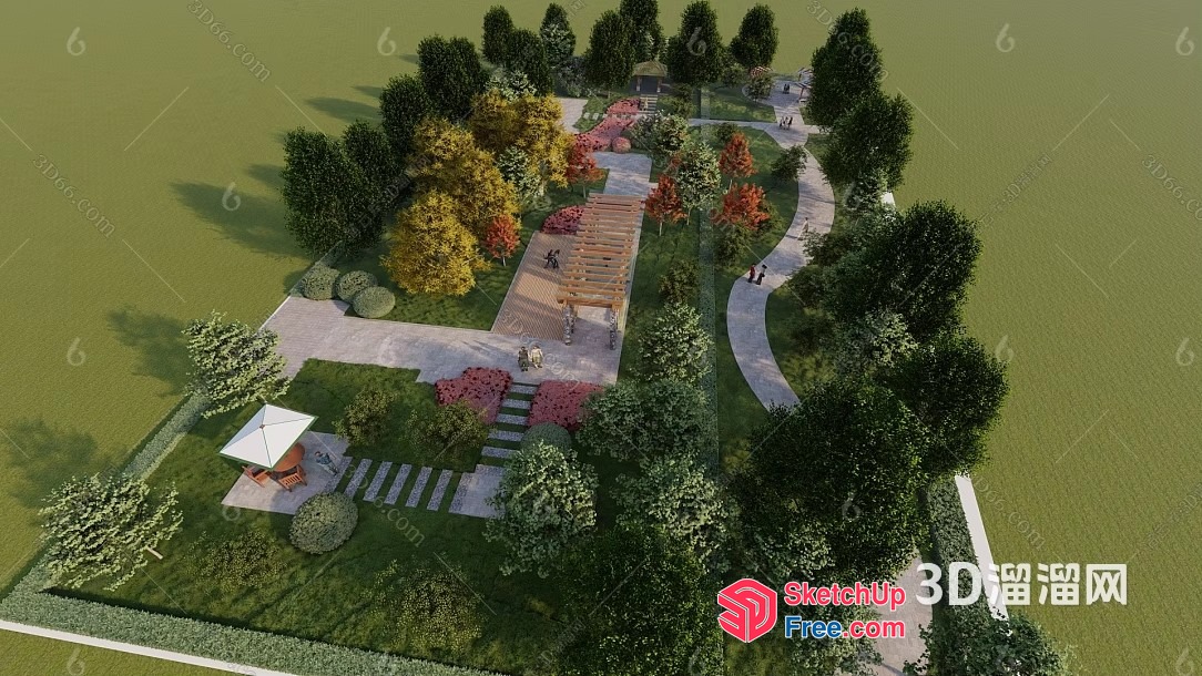 3D Rendering Of A Park With A Pathway, Trees, And Benches 3D SketchUp File