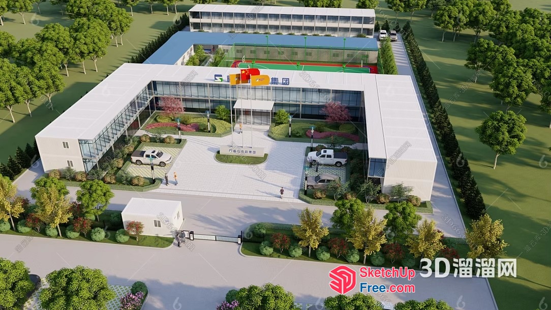 Large White Building With Parking And Green Spaces 3D SketchUp File