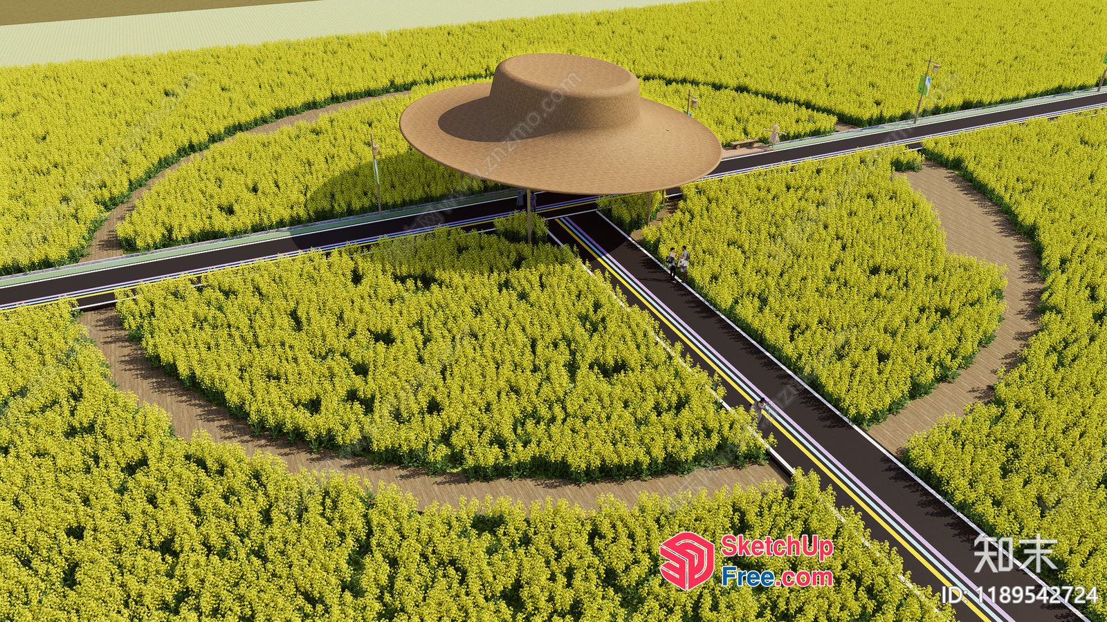 Aerial View Of A Modern Building With A Large Hat-Shaped Roof 3D SketchUp File
