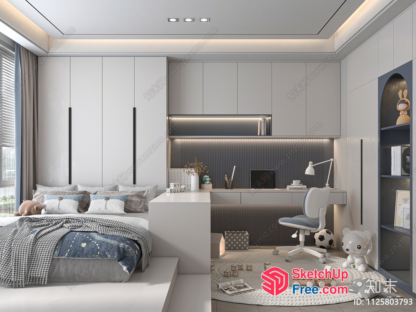 Modern And Cozy Minimalist Bedroom And Study Area 3D SketchUp File