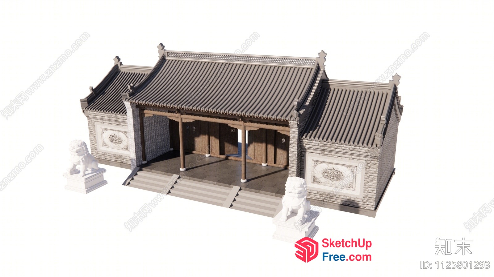 Traditional Chinese Building With Roof Synthesis And Pillars 3D SketchUp File