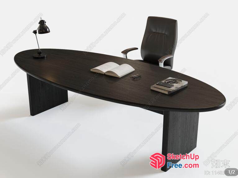 Oval Dark Wood Office Table With Chair 3D SketchUp File