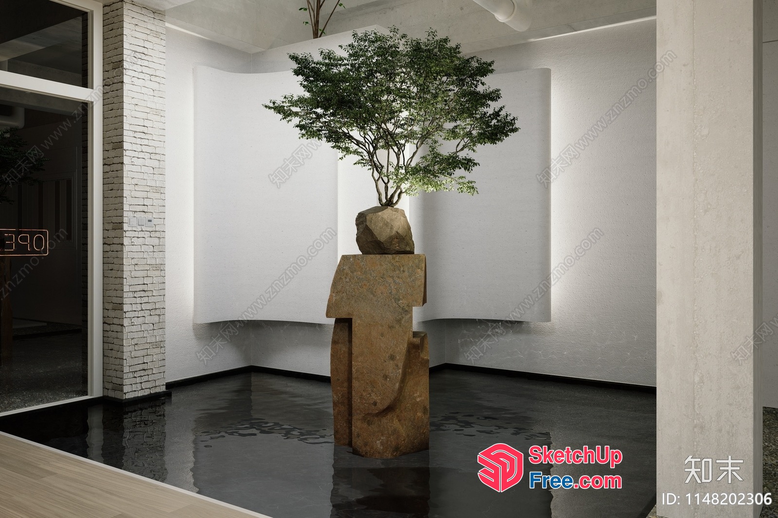 Minimalist Modern Interior Design With Pillar And Plant 3D SketchUp File