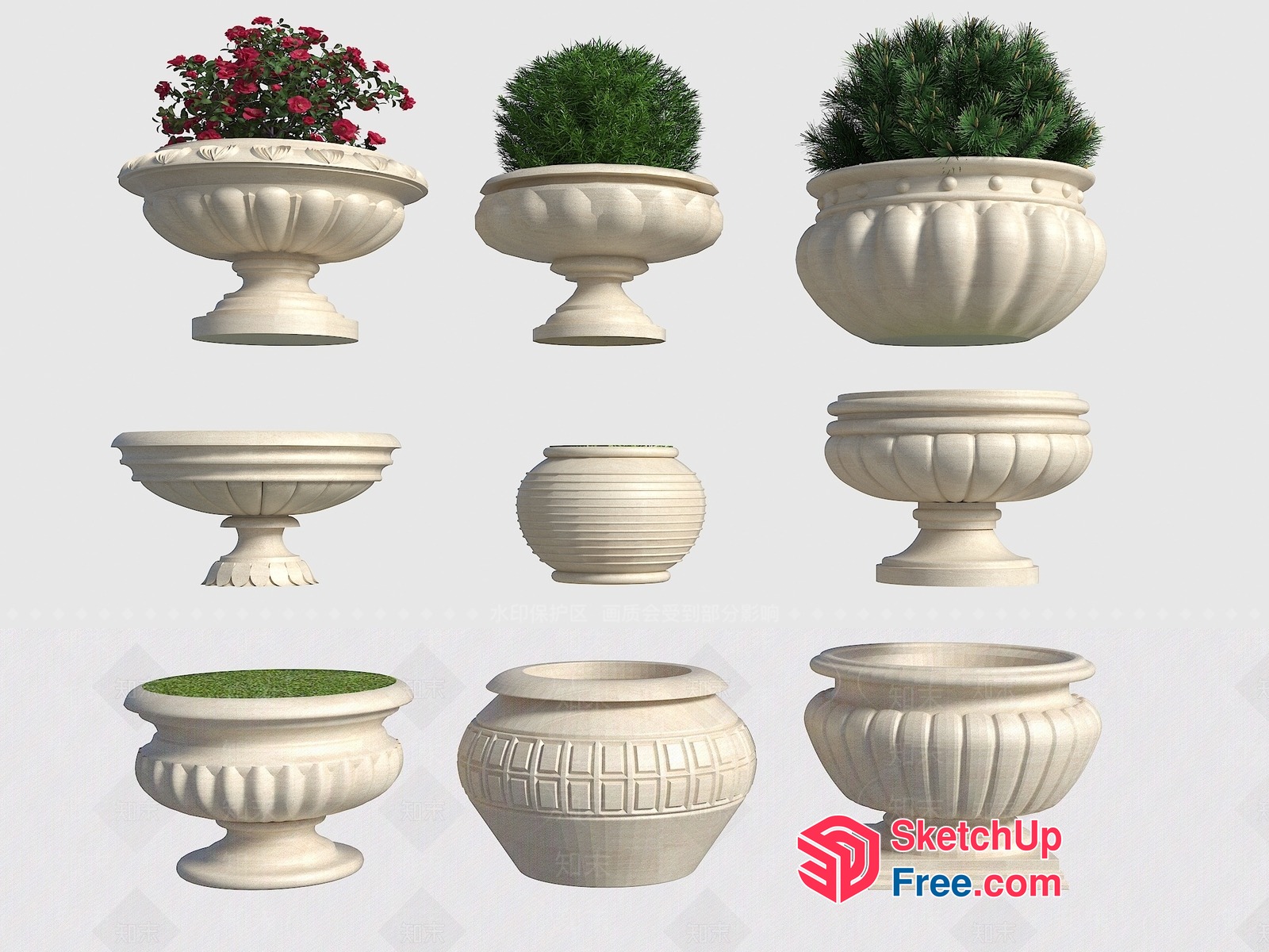Classic White Decorative Planters With Ornate Designs 3D SketchUp File