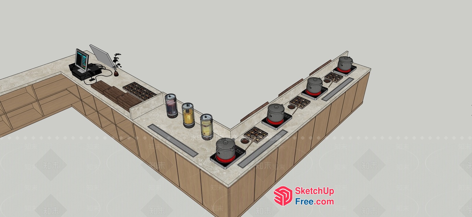 L-Shaped Reception Desk With Computer And Decorative Shelves 3D SketchUp File