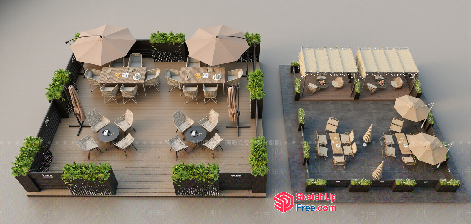 Outdoor Dining Area With Wooden Deck And Umbrellas 3D SketchUp File
