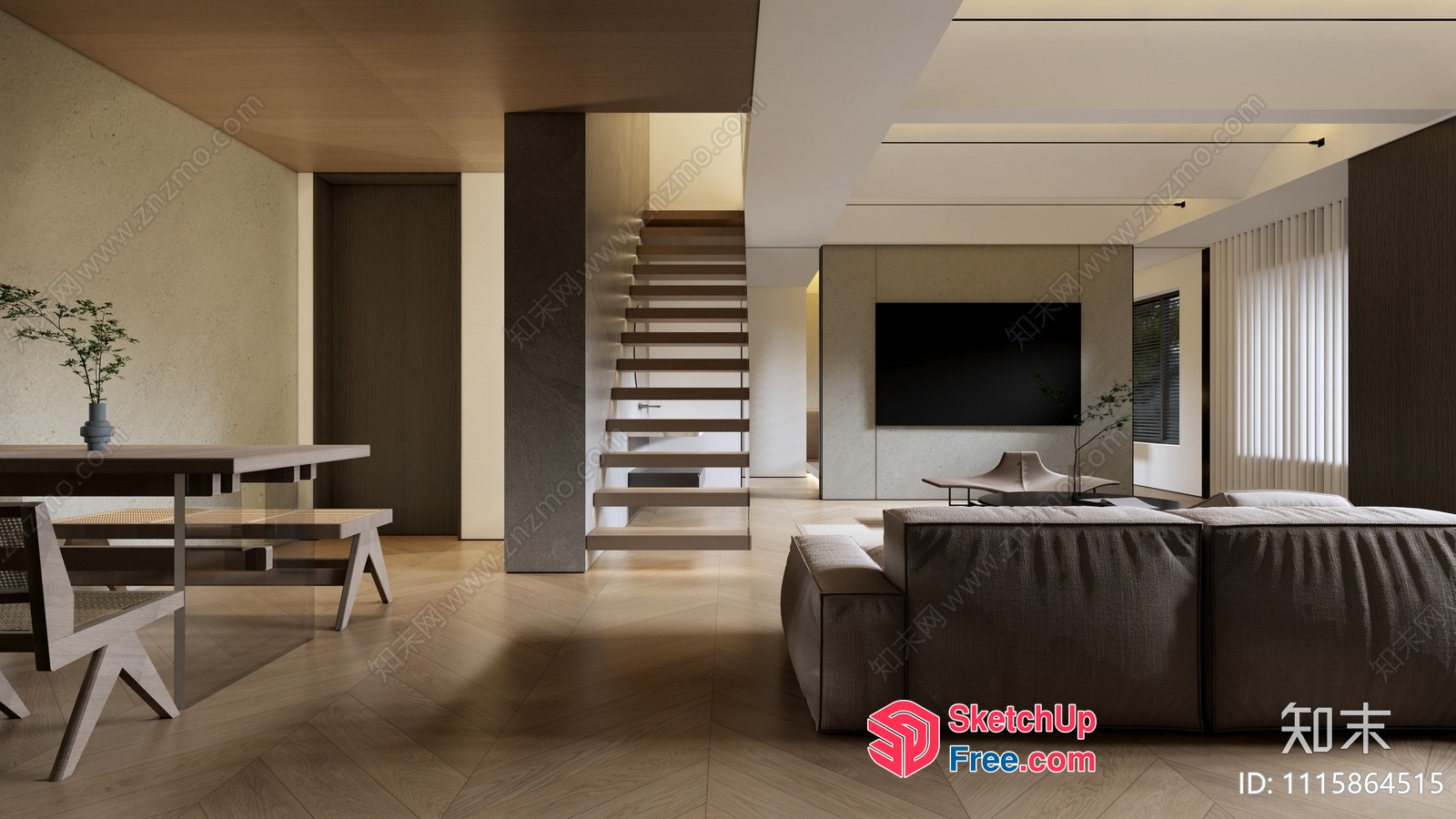 Modern Minimalist Living Room With Staircase 3D SketchUp File