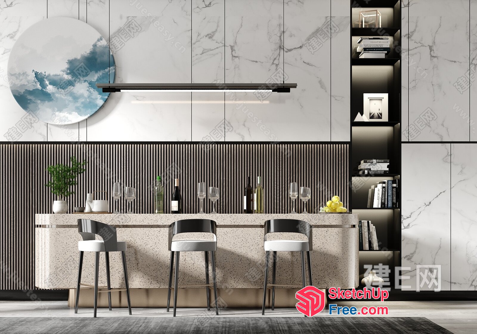 Modern Bar Interior With Marble And Wood Accents 3D SketchUp File