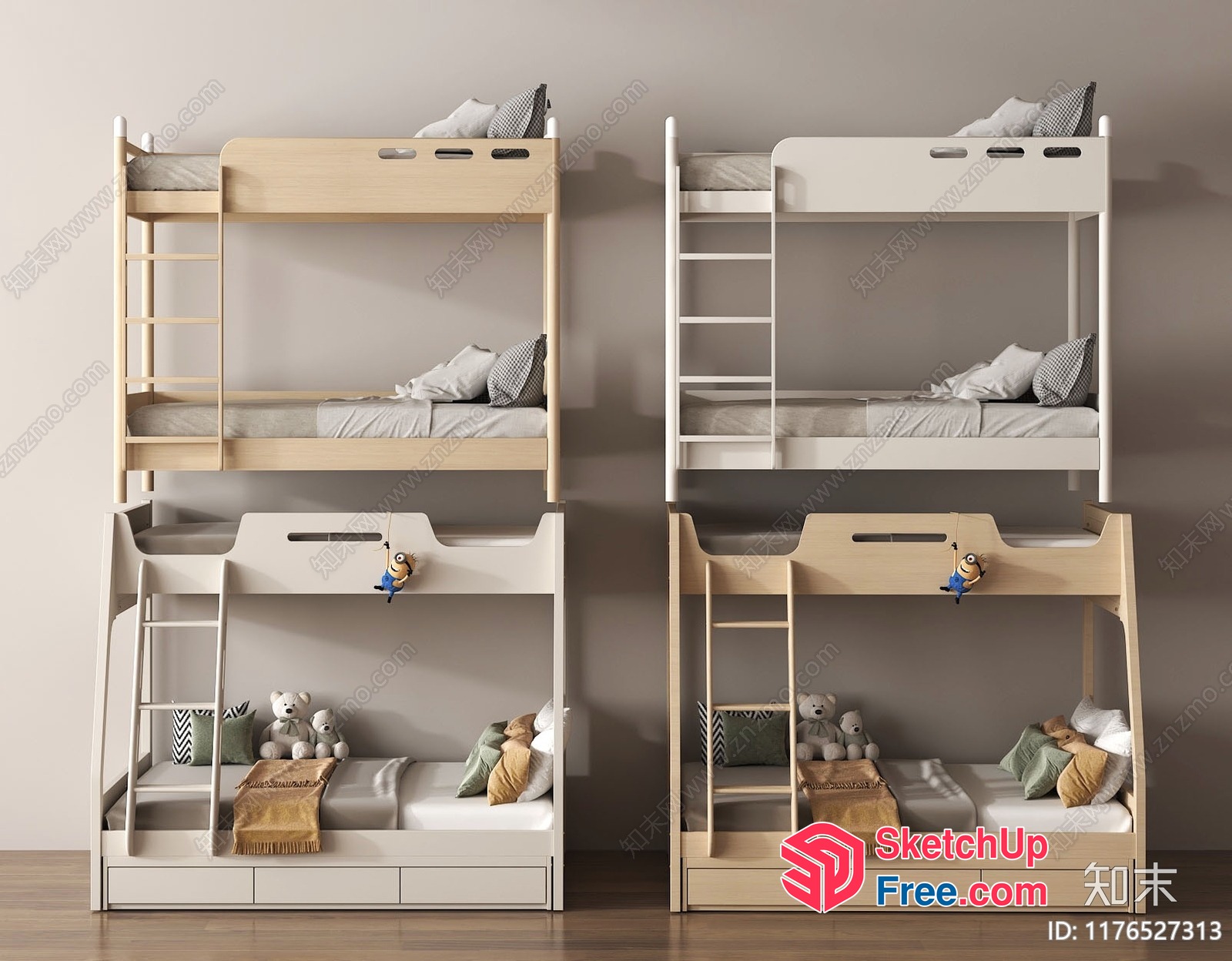 Wooden Bunk Beds With Ladder And Storage 3D SketchUp File
