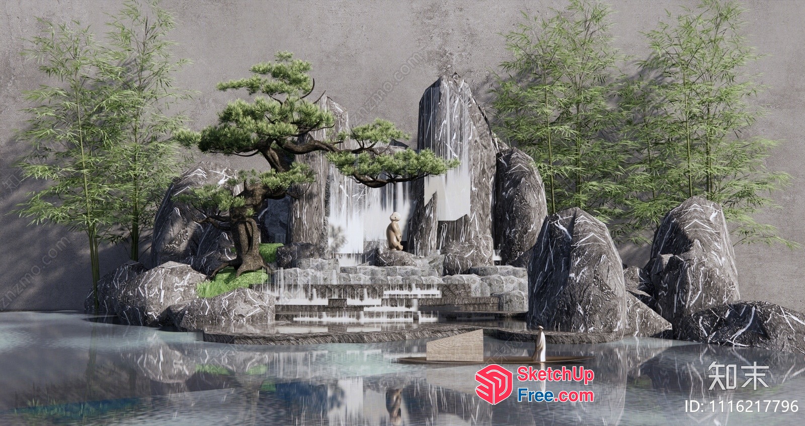 Serene Japanese-Inspired Oasis With Waterfall And Statue 3D SketchUp File