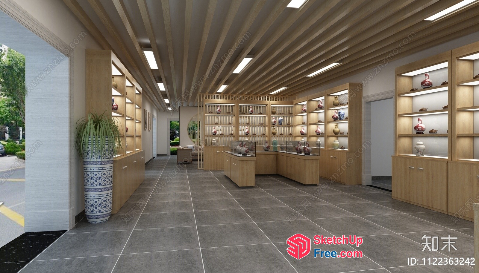 Modern Showroom With Sleek Display Shelves And Natural Wood Accents 3D SketchUp File