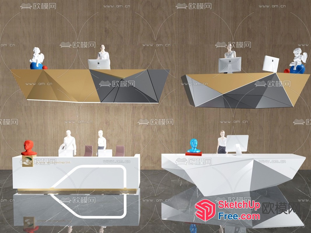 Futuristic Office Space With Geometric Furniture And Human Figures 3D SketchUp File