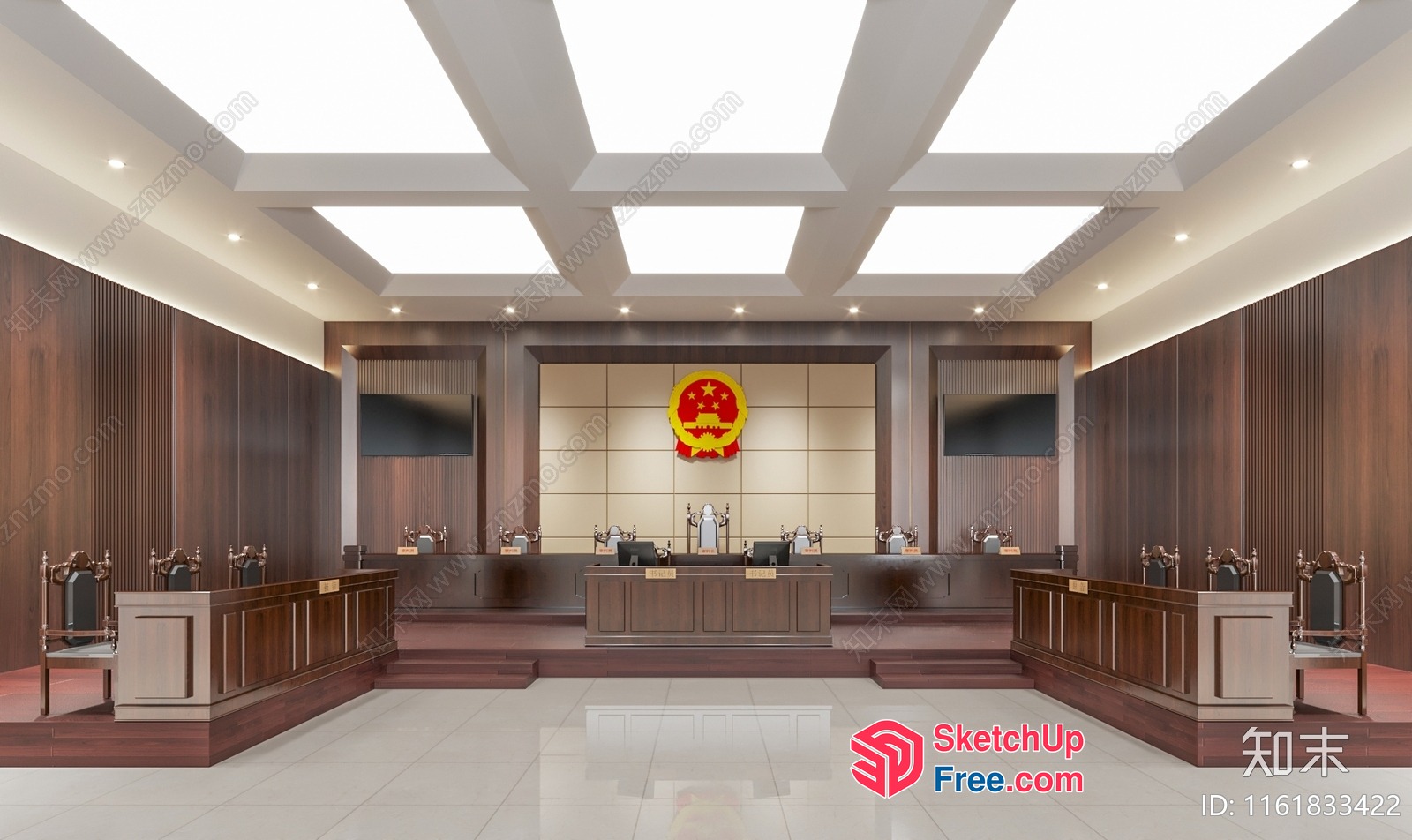 Modern Courtroom With Wooden Paneling And Flat Ceiling 3D SketchUp File