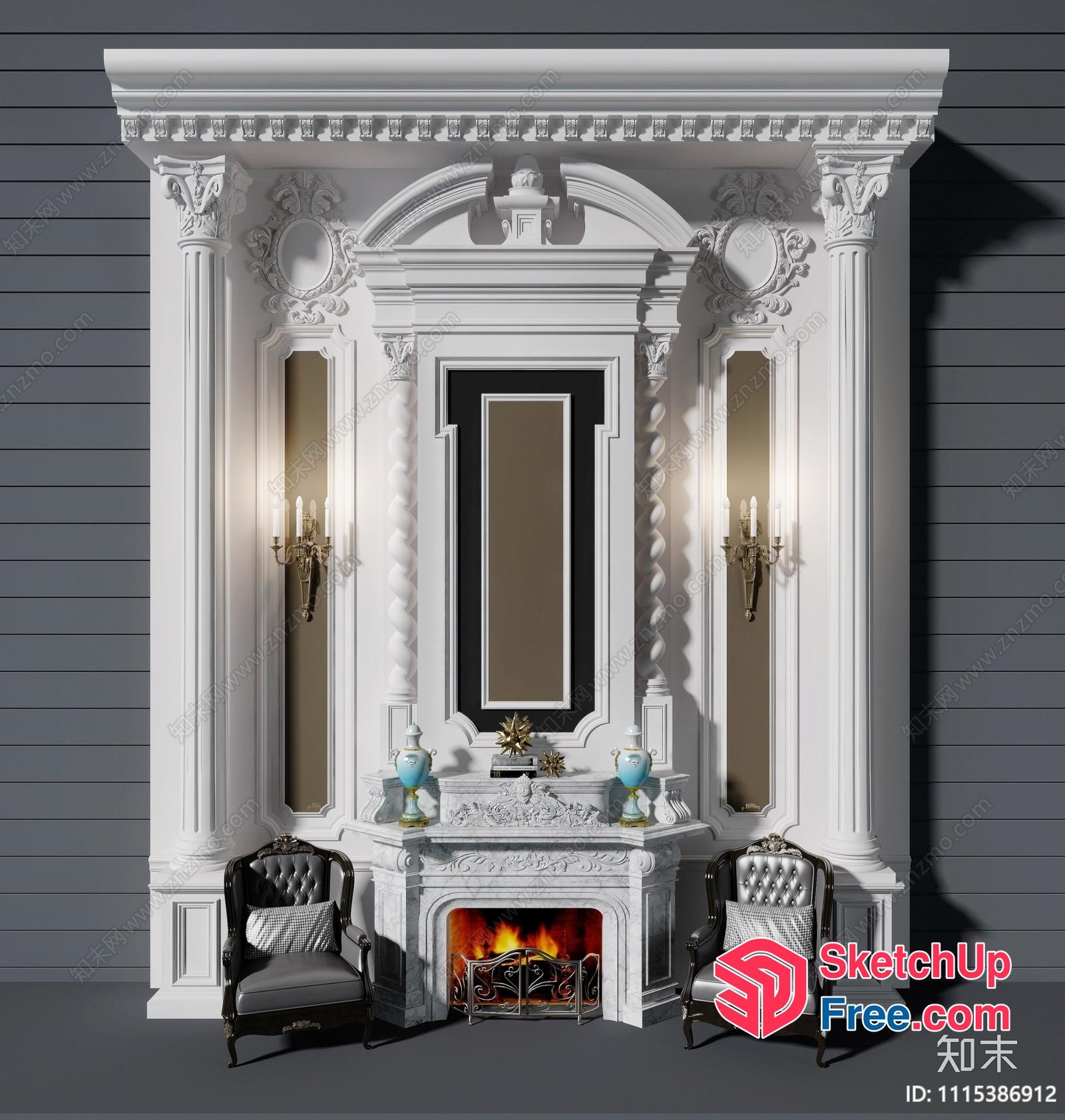 Elegant Fireplace Mantel With Ornate Carvings And Pillars 3D SketchUp File