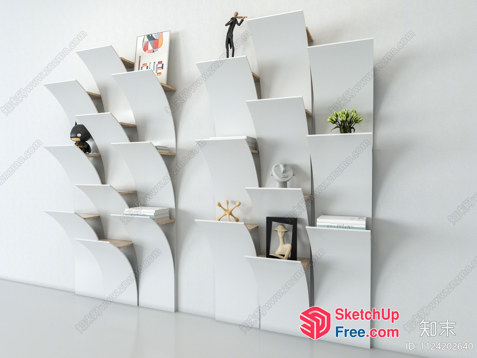 Modern White Bookcase With Unique Shelf Design 3D SketchUp File
