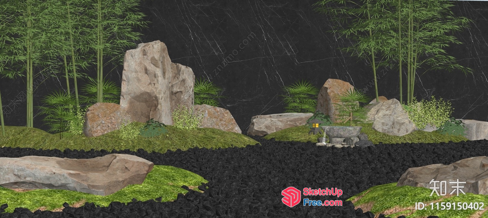 Japanese Style Garden With Bamboo And Rock Decorations 3D SketchUp File