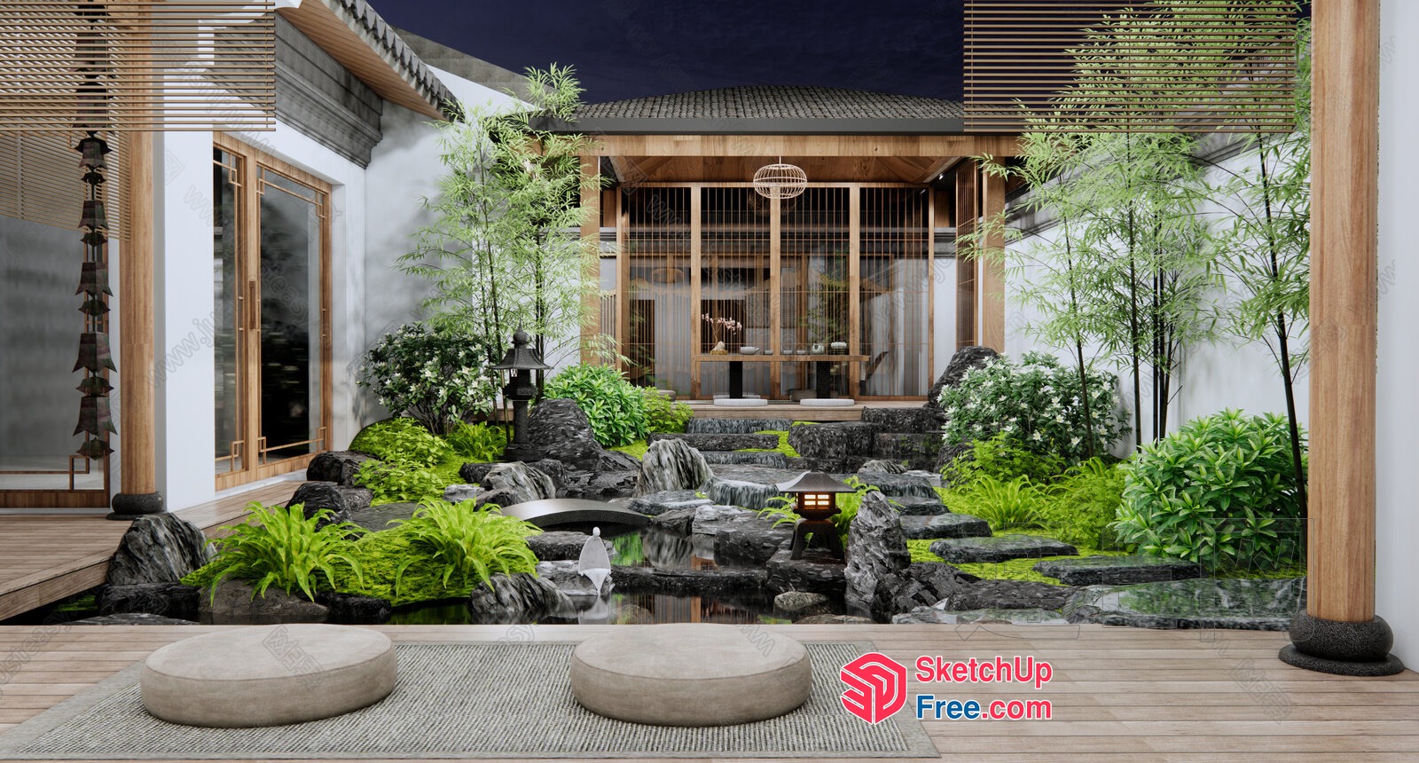 Serene Japanese Courtyard With Water Feature And Natural Stone 3D SketchUp File