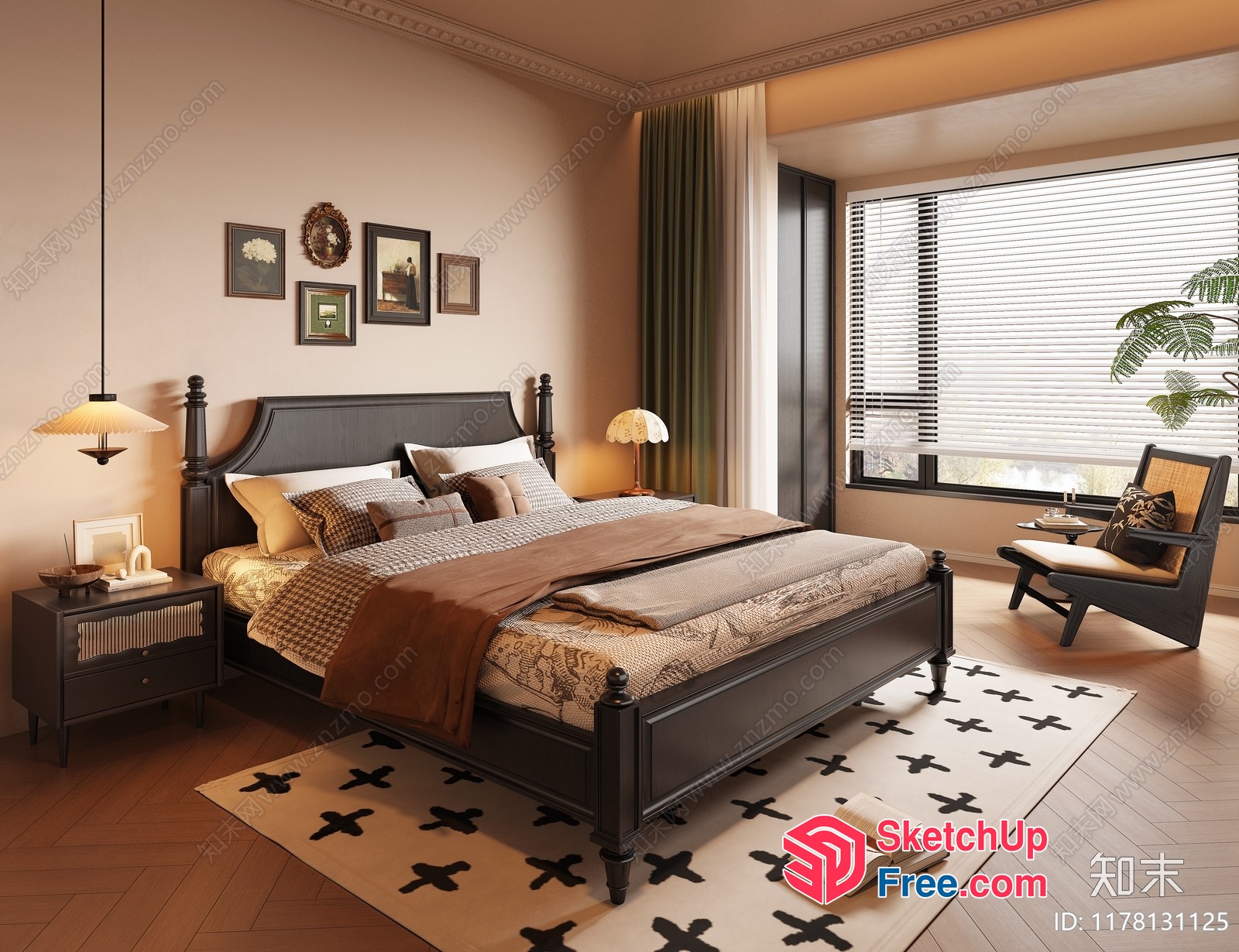 Modern Bedroom With Dark Wood Furniture And White Rug 3D SketchUp File