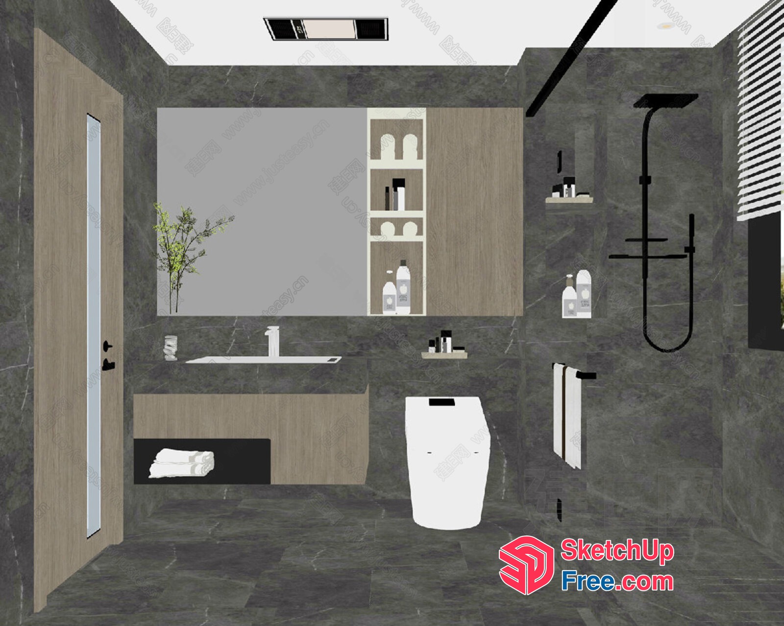 Modern Bathroom With Sleek White Fixtures And Dark Gray Tile 3D SketchUp File