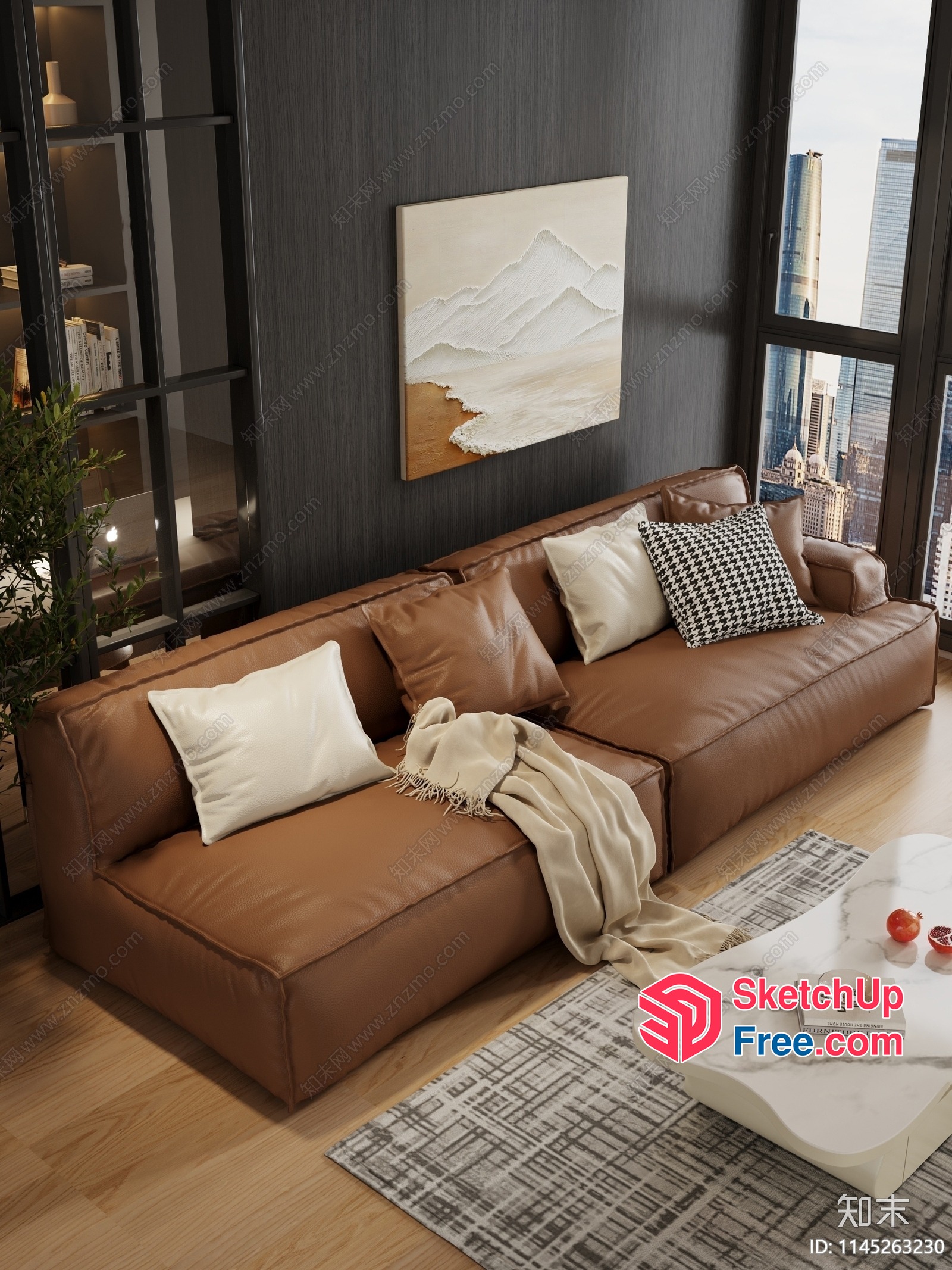 Modern Living Room With Brown Leather Sofa And City View 3D SketchUp File