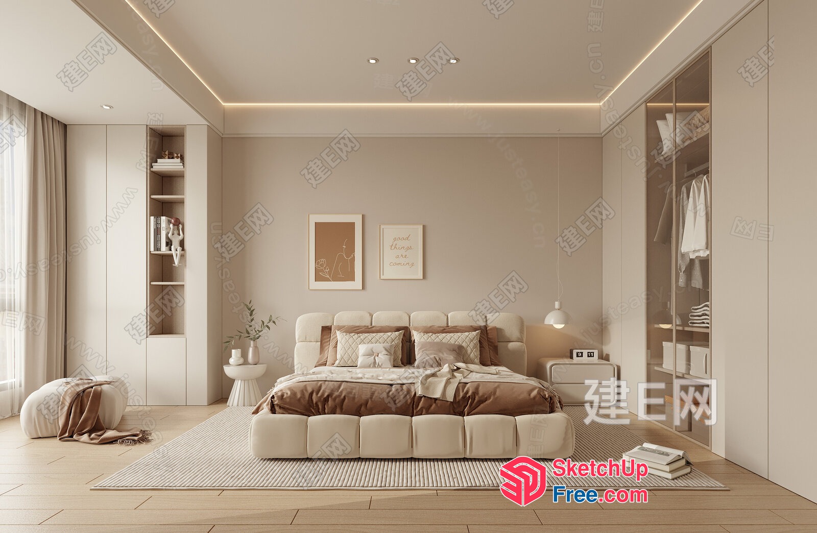Minimalist European Style Bedroom With Creamy Color Scheme 3D SketchUp File