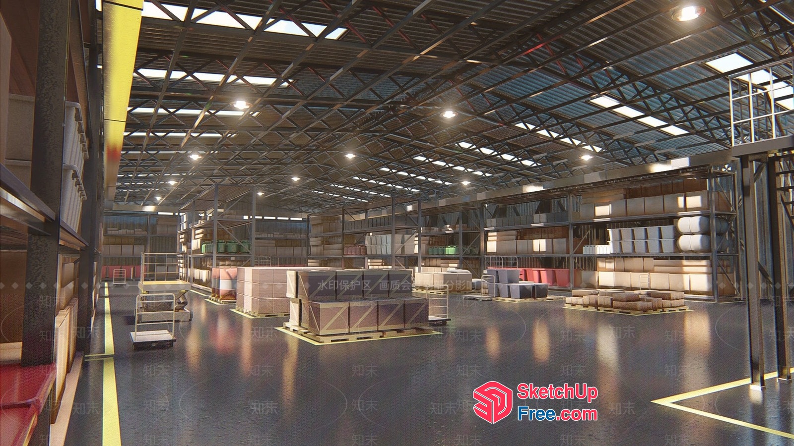 Warehouse Interior With Industrial Style Lighting And Shelving 3D SketchUp File