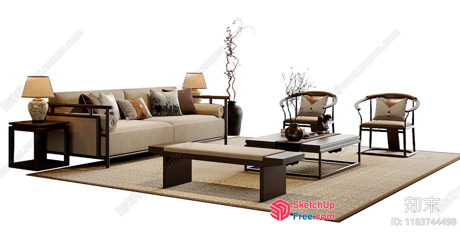 Elegant Japanese-Style Living Room Furniture Set 3D SketchUp File